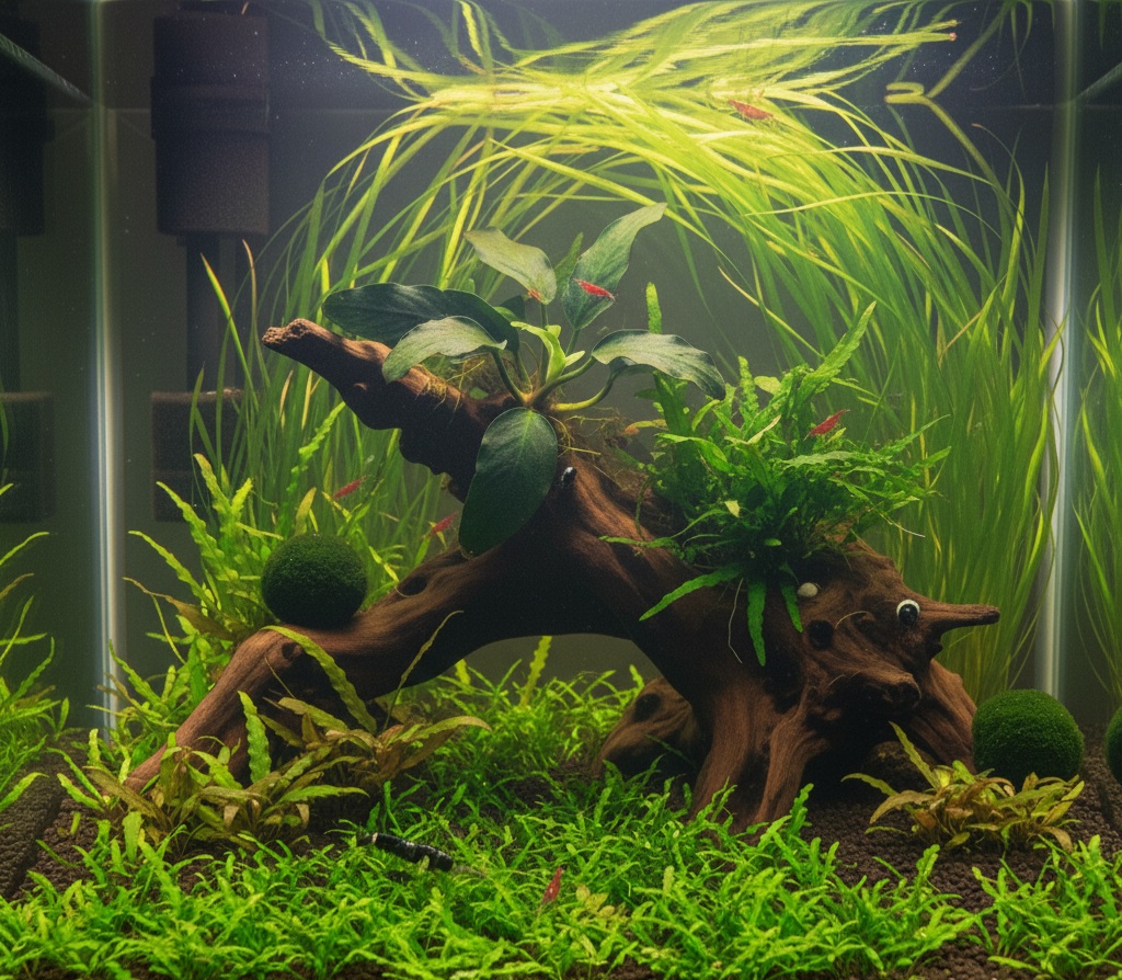A beautiful and lush low-tech planted aquarium with easy plants like Java Fern and Anubias.