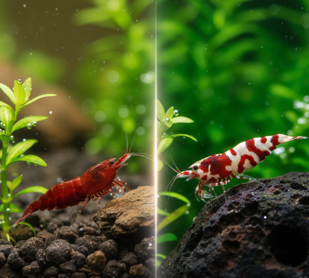 A split image showing a red cherry neocaridina shrimp on the left and a crystal red caridina shrimp on the right.