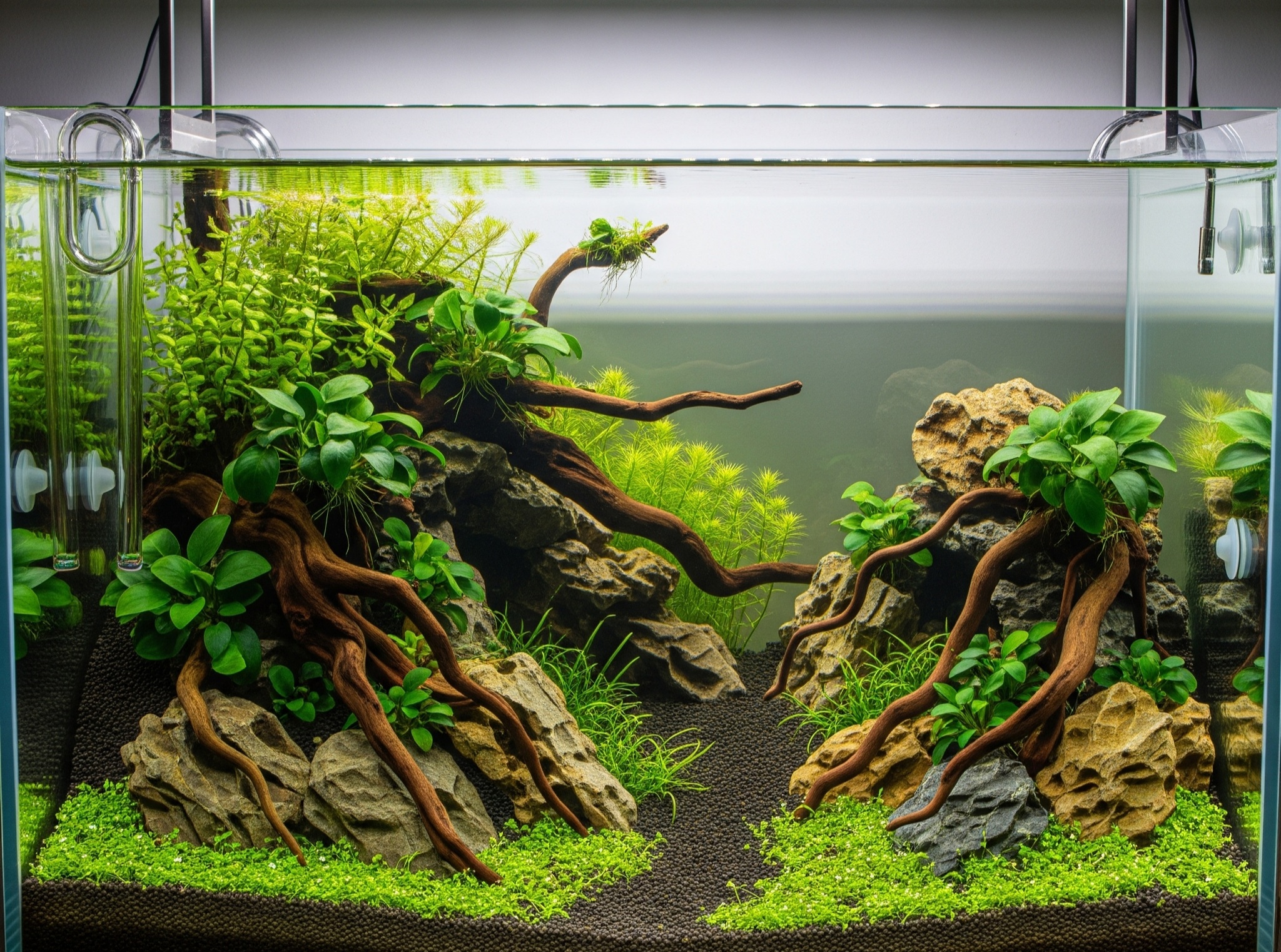 A beautiful new aquascape with plants and hardscape, ready for the cycling process.